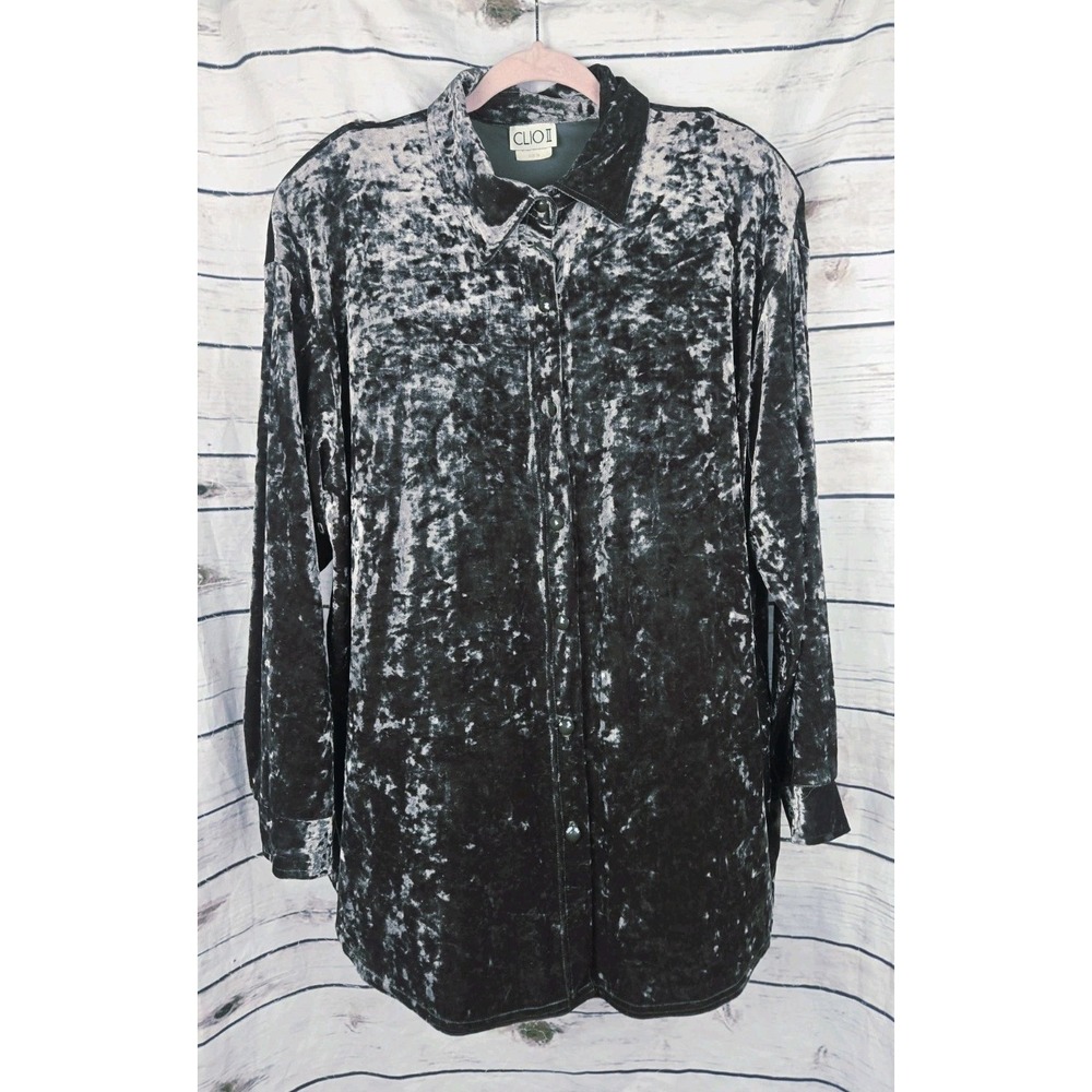 Clio Womens Olive Green Velvet Button Up Top 1X Tunic Whimsigoth Fairy